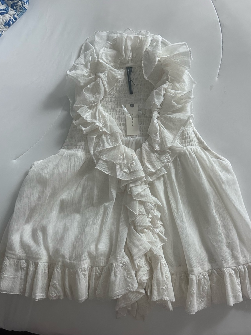 Anthropologie White Ruffled Sleeveless Dress